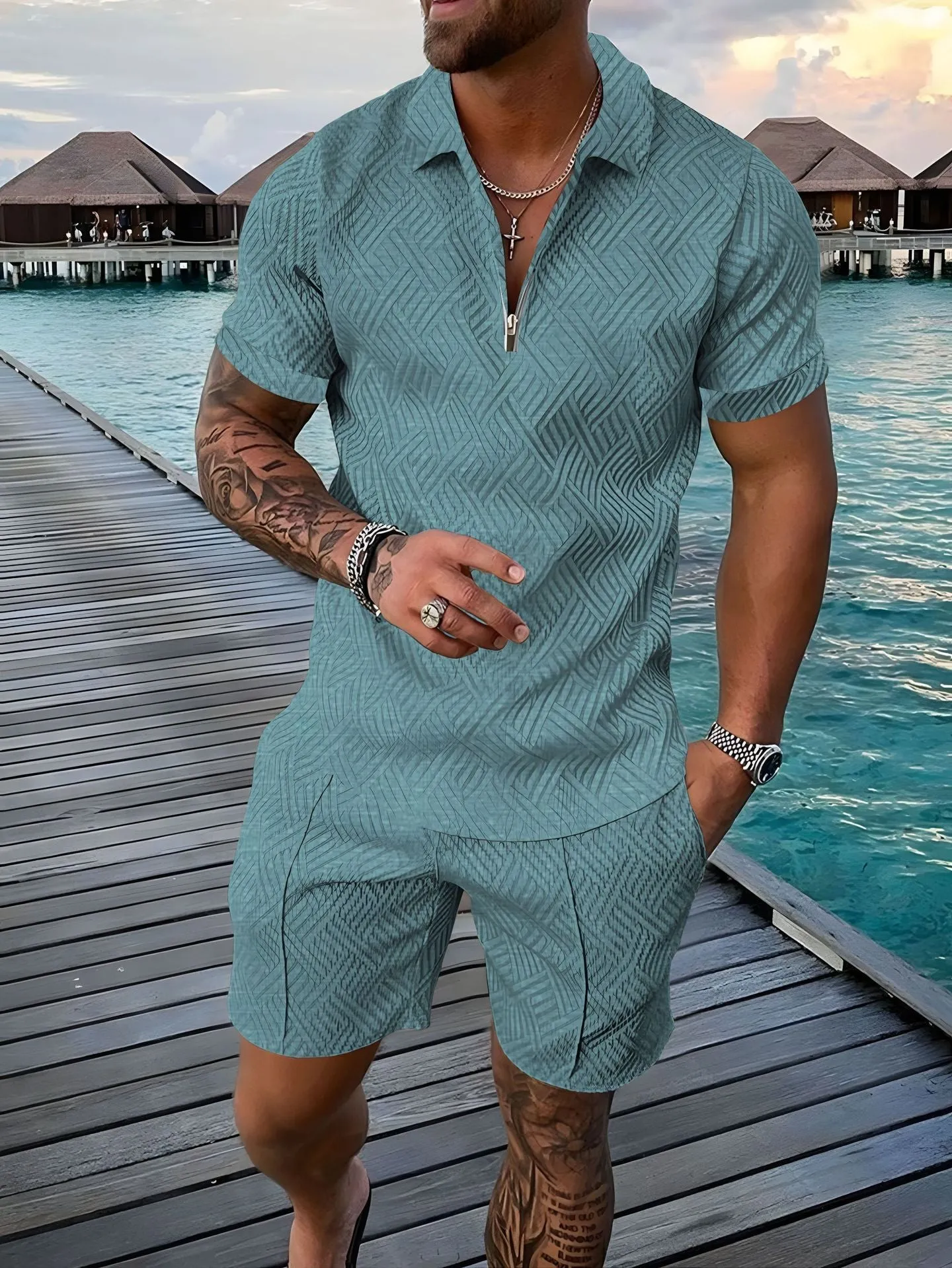 2024 European and American cross-border new men 3 solid color POLO shirt suit lapel short sleeve pullover casual men