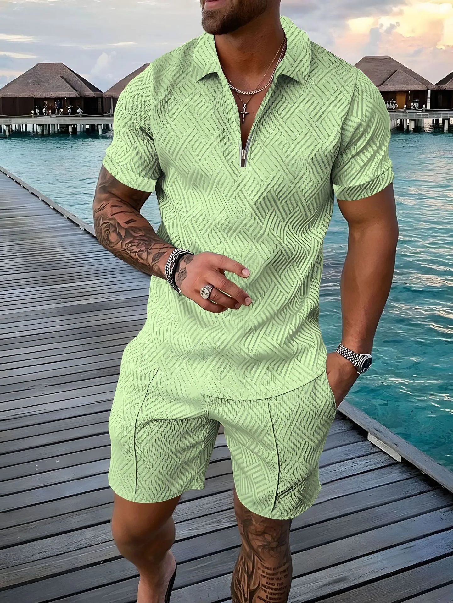 2024 European and American cross-border new men 3 solid color POLO shirt suit lapel short sleeve pullover casual men