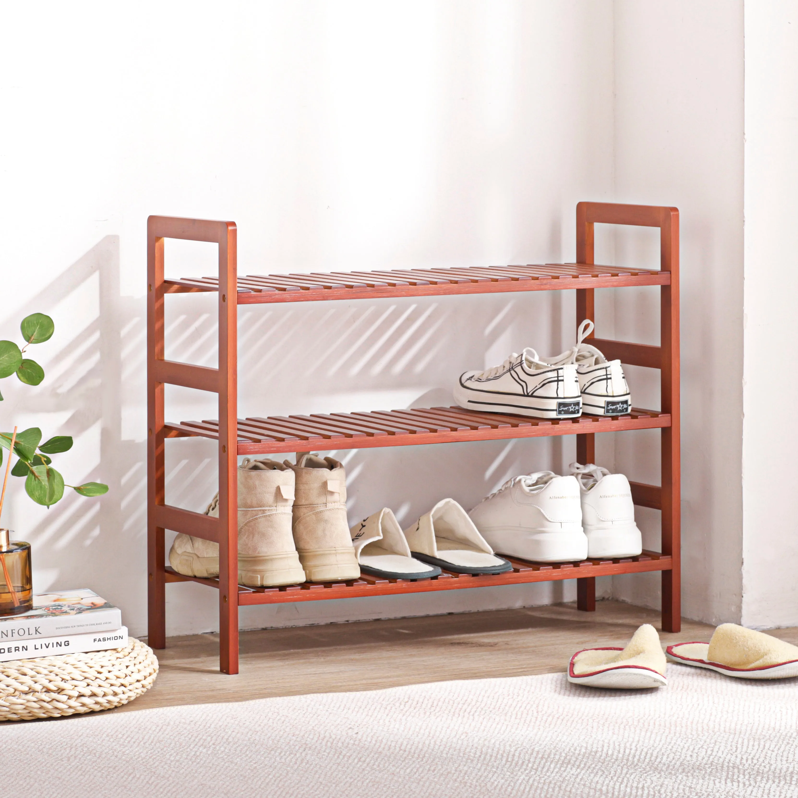 3-Tier Essential Natural Bamboo Shoe Rack Tawny Brown 70x27x60cm