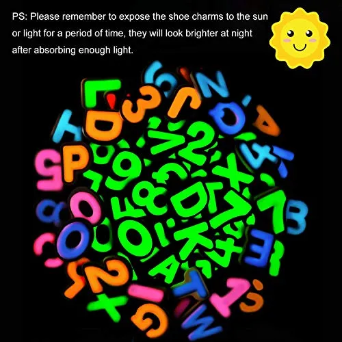 72pcs Glowing Letter Shoe Charms Glow in The Dark Numbers Shoe Decorations Fits for Clog Shoes Wristband Bracelet Party Favors