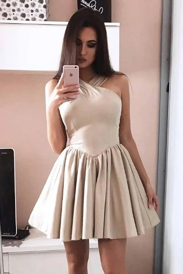 A-Line Halter Sleeveless Satin Short Prom Dress Homecoming Dresses PD051