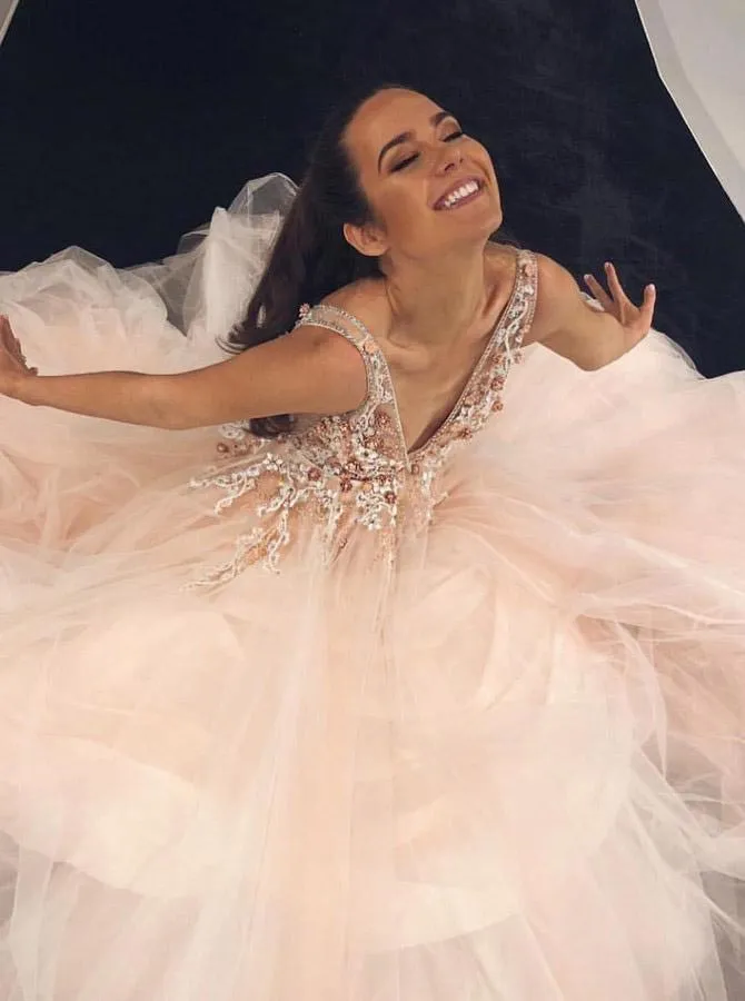 A-Line V-Neck Floor-Length Pink Prom Dress with Appliques Beading PSK053