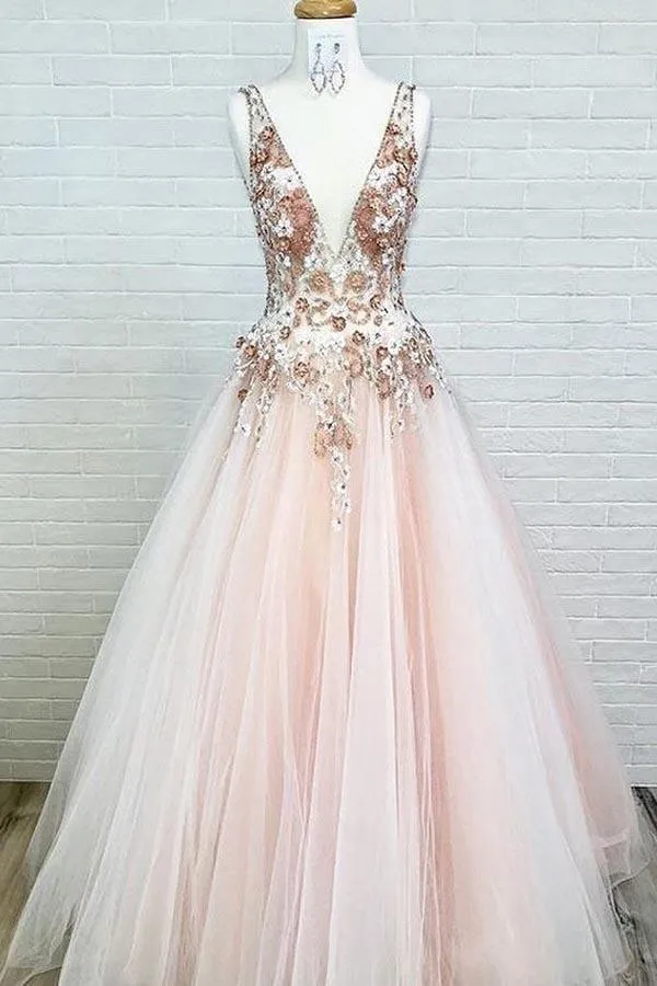 A-Line V-Neck Floor-Length Pink Prom Dress with Appliques Beading PSK053