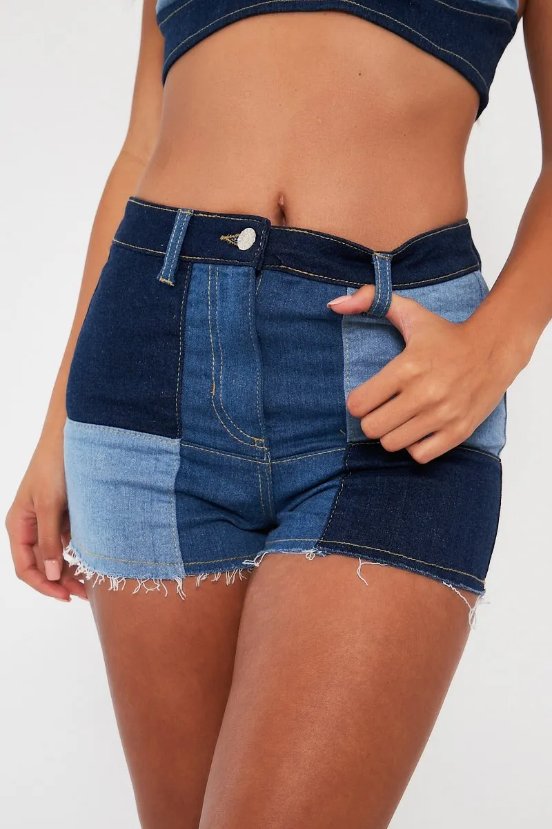 Blue Patchwork Denim Shorts - Ivana