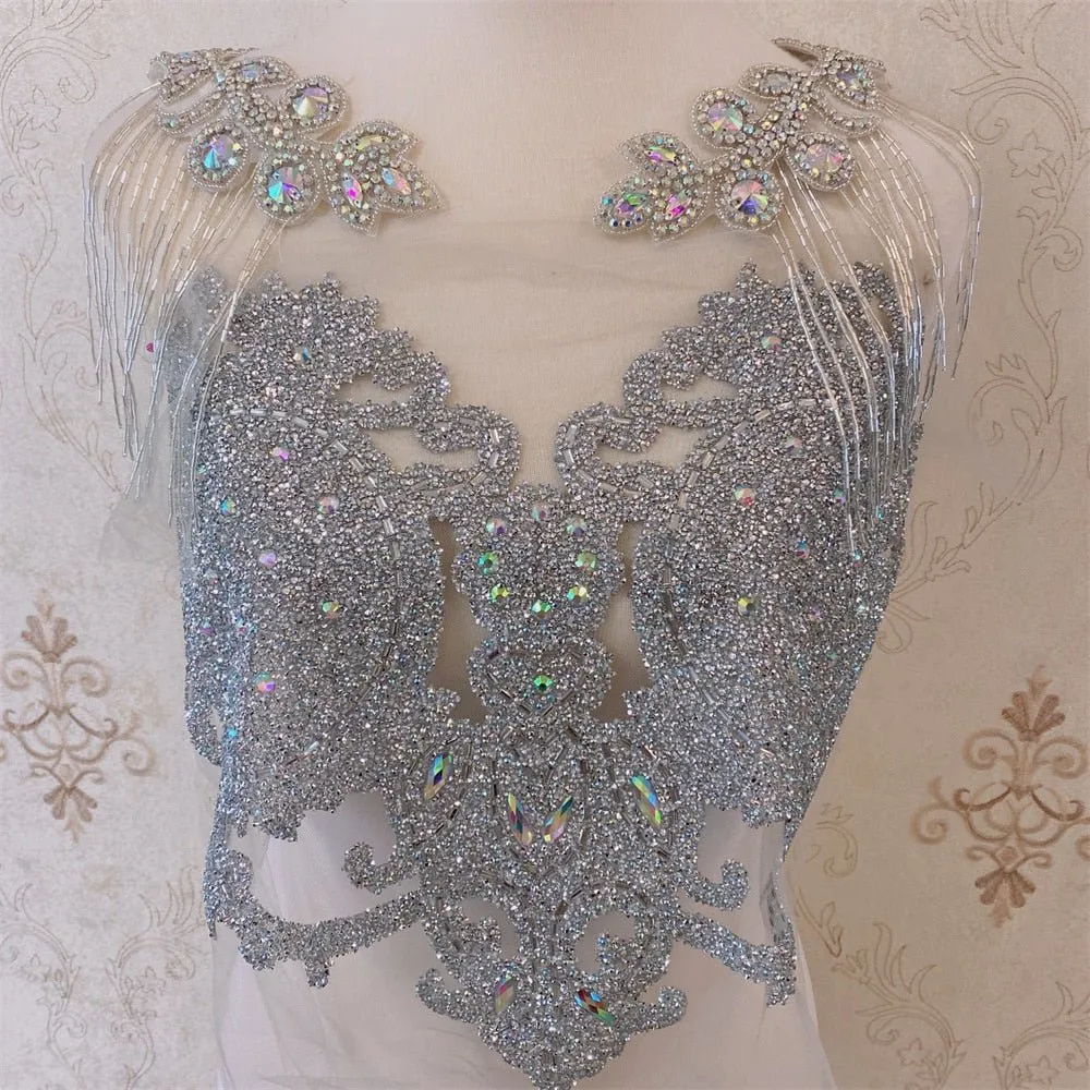 Bridal Wedding Party Rhinestone Crystal Beaded Sequin Glitter Full Body Sew On Patch Trim Applique / 12 COLOR DESIGNS