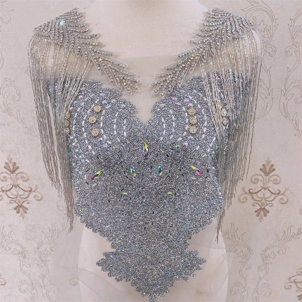 Bridal Wedding Party Rhinestone Crystal Beaded Sequin Glitter Full Body Sew On Patch Trim Applique / 12 COLOR DESIGNS