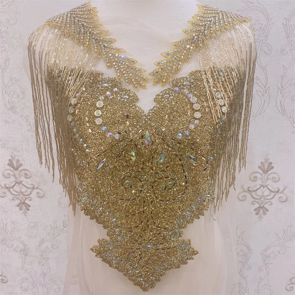 Bridal Wedding Party Rhinestone Crystal Beaded Sequin Glitter Full Body Sew On Patch Trim Applique / 12 COLOR DESIGNS