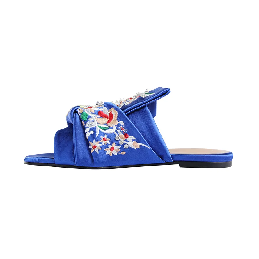 ELIZA Embroidery Knotted Leather Slipper Slides