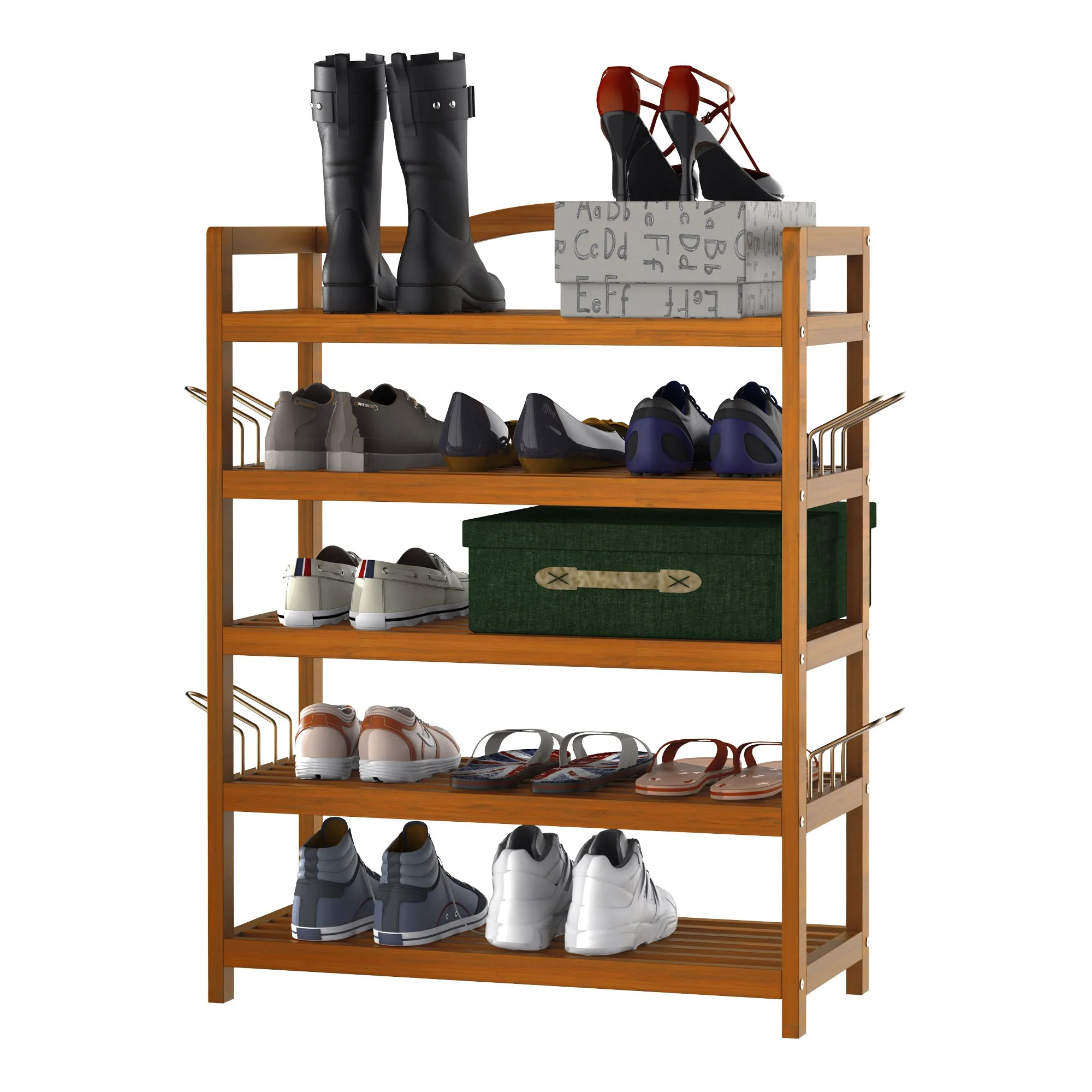 HOMCOM 5-Tier Shoe Rack, Acacia Wooden Shoe Storage Organiser with Hangers, Holds up to 24 Pairs, for Entryway, Living Room, 64 x 26 x 82 cm, Teak
