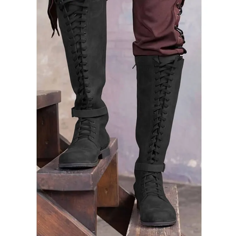 Knee High Leather Lace Up Suede Boots
