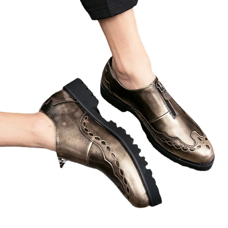 Personalized men's shoes zipper British leather shoes trend all night hairdresser shoes gold men's casual fashion shoes
