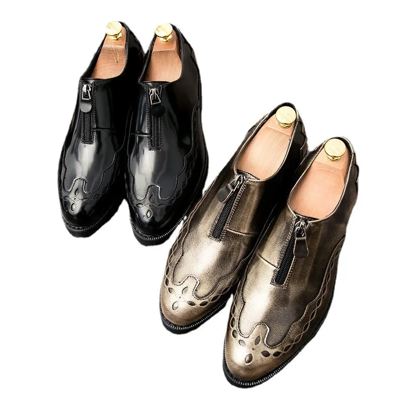 Personalized men's shoes zipper British leather shoes trend all night hairdresser shoes gold men's casual fashion shoes