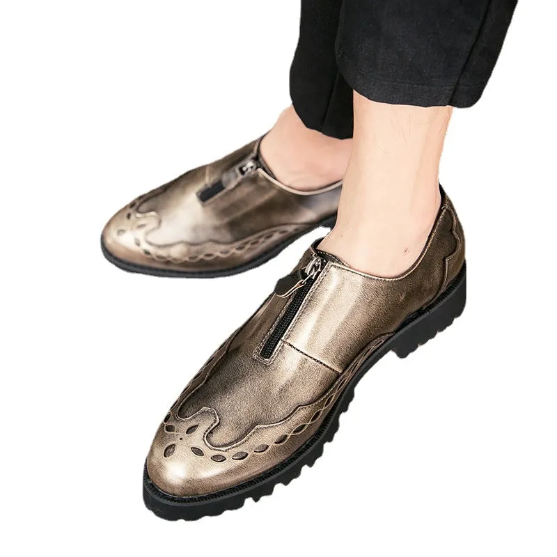 Personalized men's shoes zipper British leather shoes trend all night hairdresser shoes gold men's casual fashion shoes