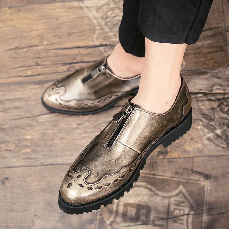 Personalized men's shoes zipper British leather shoes trend all night hairdresser shoes gold men's casual fashion shoes