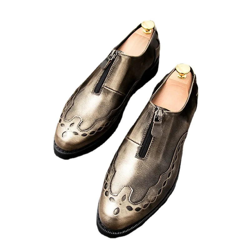 Personalized men's shoes zipper British leather shoes trend all night hairdresser shoes gold men's casual fashion shoes