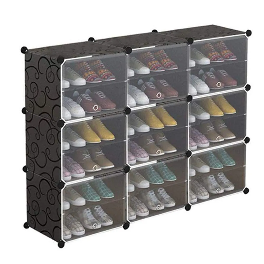 Plastic Shoe Rack with Doors for 24-Pair Shoes, 6-Tier, Black – Multi-Use Organizer