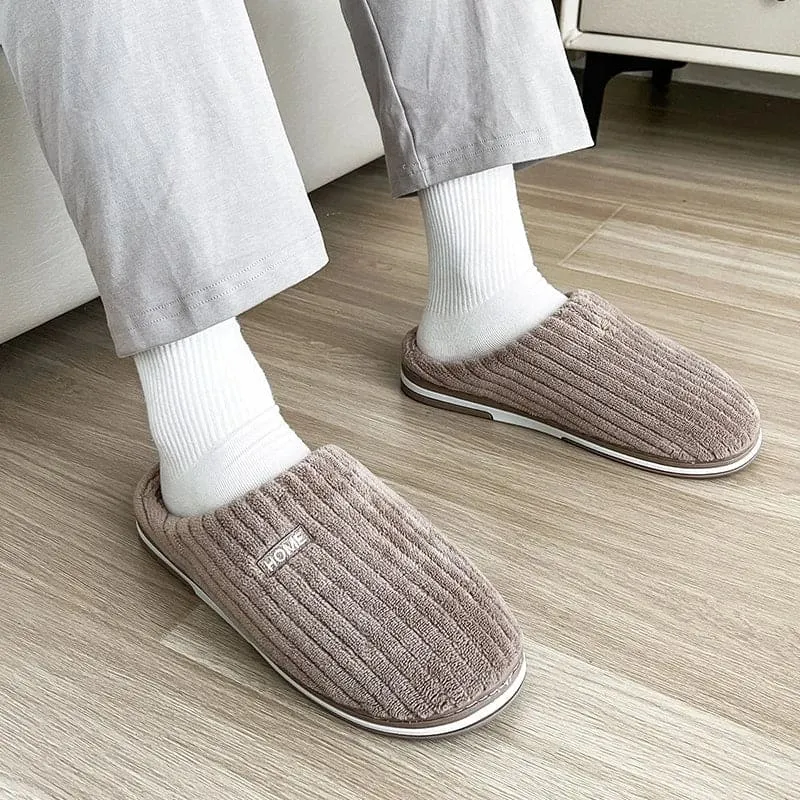 Simple Solid Color Cotton Slippers - Warm Plush Winter Non-Slip Indoor House Shoes for Couples and Women's Household Use