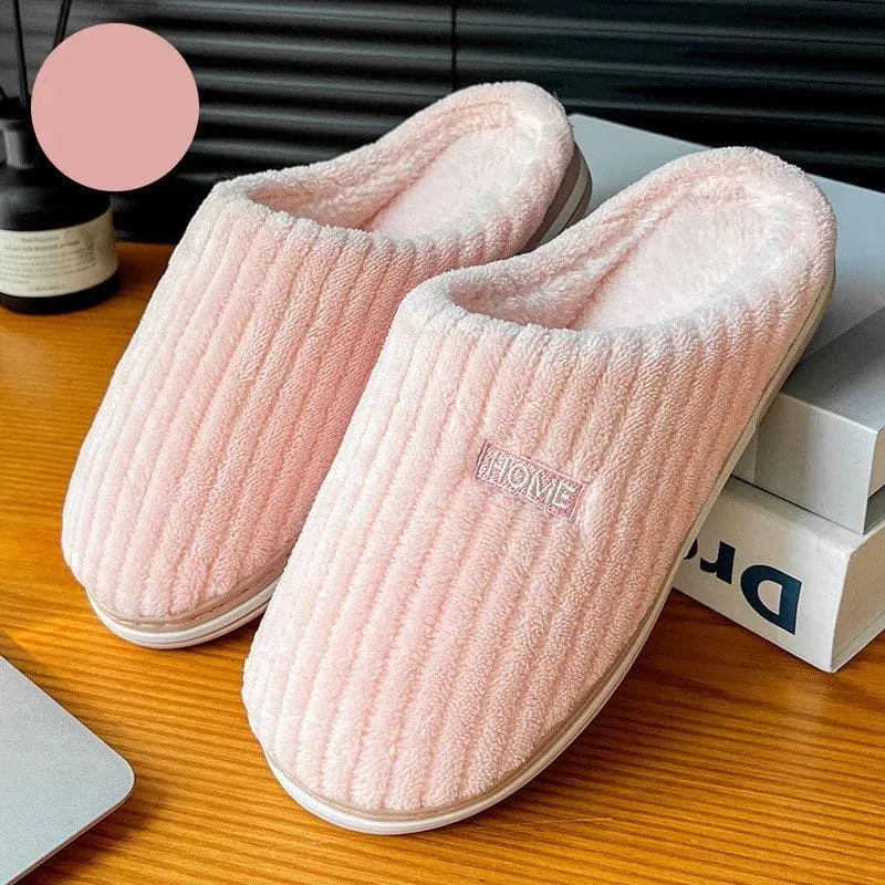 Simple Solid Color Cotton Slippers - Warm Plush Winter Non-Slip Indoor House Shoes for Couples and Women's Household Use