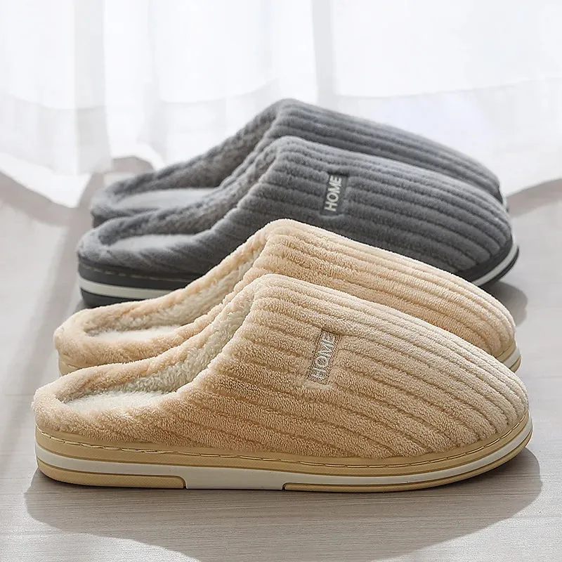 Simple Solid Color Cotton Slippers - Warm Plush Winter Non-Slip Indoor House Shoes for Couples and Women's Household Use