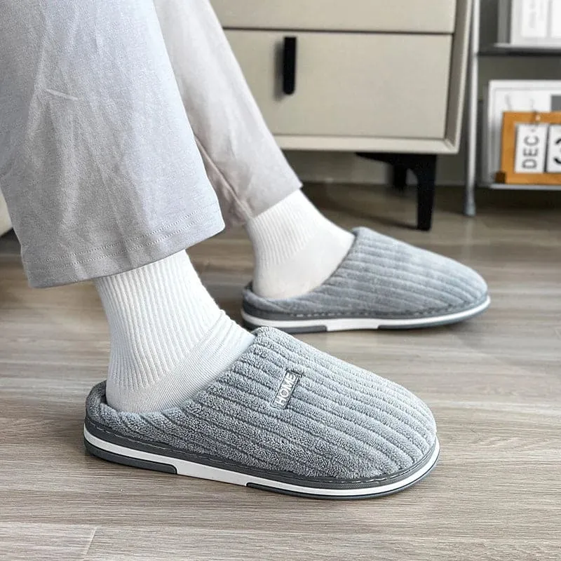 Simple Solid Color Cotton Slippers - Warm Plush Winter Non-Slip Indoor House Shoes for Couples and Women's Household Use