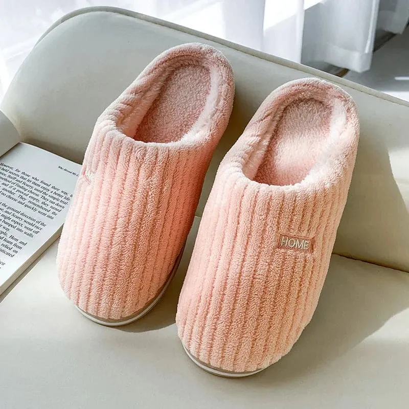 Simple Solid Color Cotton Slippers - Warm Plush Winter Non-Slip Indoor House Shoes for Couples and Women's Household Use