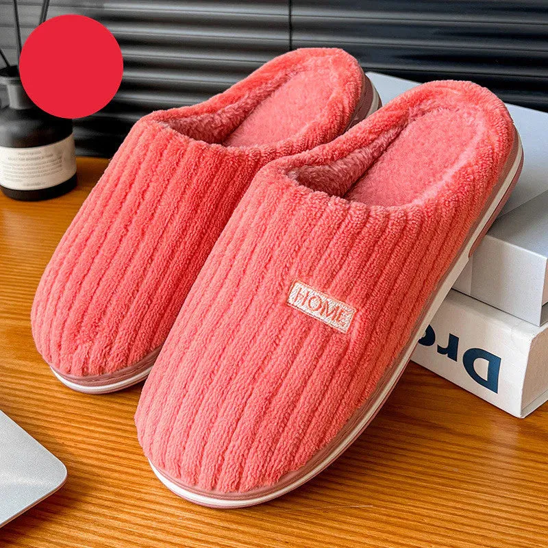 Simple Solid Color Cotton Slippers - Warm Plush Winter Non-Slip Indoor House Shoes for Couples and Women's Household Use