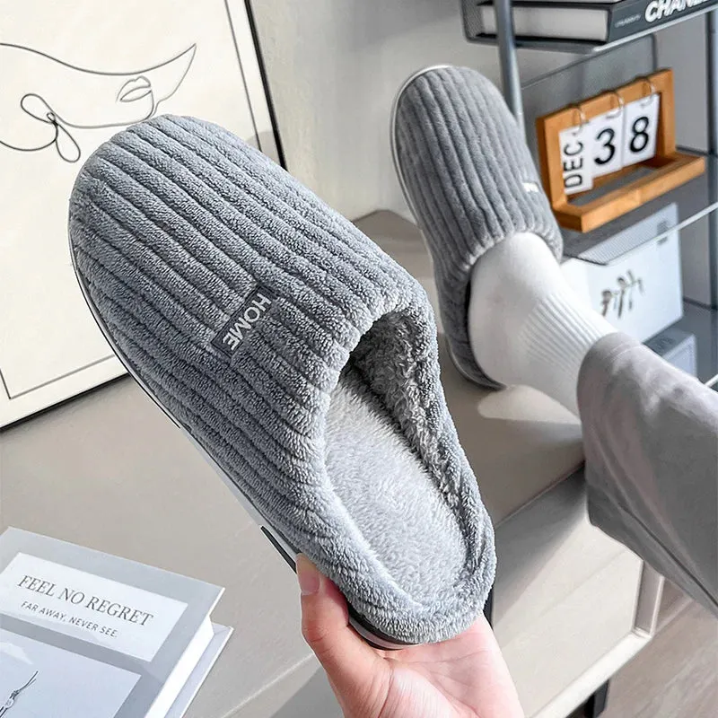 Simple Solid Color Cotton Slippers - Warm Plush Winter Non-Slip Indoor House Shoes for Couples and Women's Household Use