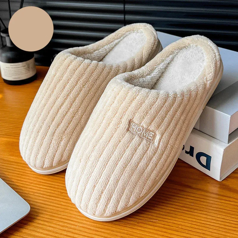 Simple Solid Color Cotton Slippers - Warm Plush Winter Non-Slip Indoor House Shoes for Couples and Women's Household Use