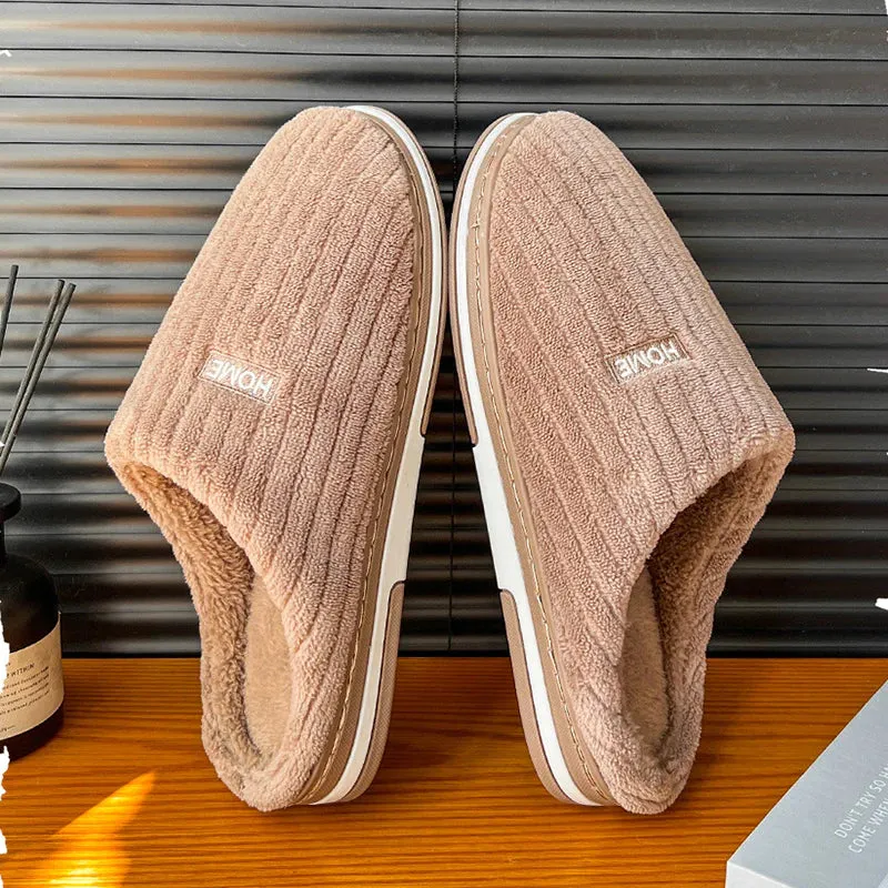 Simple Solid Color Cotton Slippers - Warm Plush Winter Non-Slip Indoor House Shoes for Couples and Women's Household Use