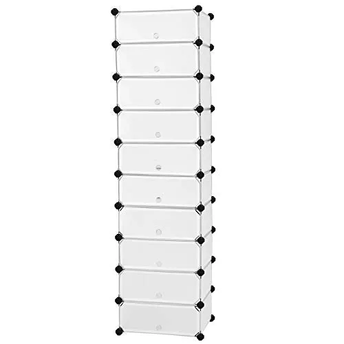 SONGMICS 10-Tier Shoe Rack,Plastic Cube Storage Organizer Units,DIY Modular Closet Cabinet with Doors, Includes Rubber Mallet and Anti-Tipping Device, White ULPC10W